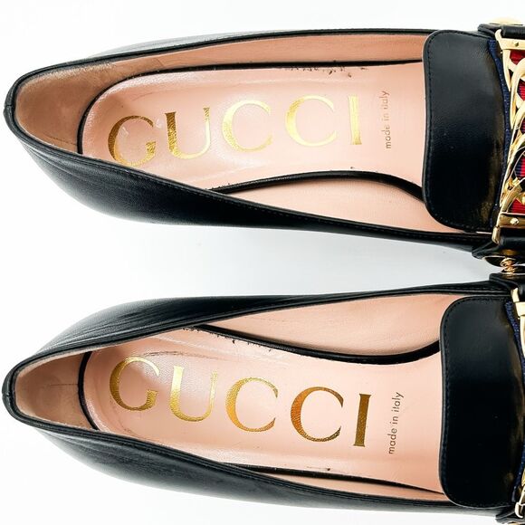 Gucci Heels Sylvie Pumps Black Loafers 55 Block Web Heel Chain 39.5, US 9.5 - Picture 11 of 14